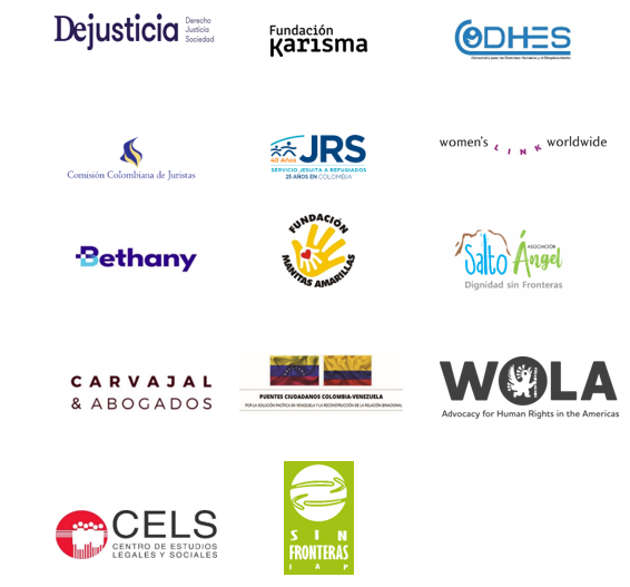 Banner de fondo blanco con los logos de centros de pensamiento, organizaciones de la sociedad civil y expertas en asuntos de migración forzada y refugio que enviaron comentarios a este estatuto). DeJusticia, Fundación Karisma, Consultoría para los derechos humanos y el desplazamiento-CODHES-, Comisión Colombiana de Juristas,, EL el Servicio Jesuita a Refugiados, Womens link worldwide, Bethany, Fundación manitas amarillas, Fundación Salto Ángel, Carvajal & Abogados, WOLA, Centro de Estudios legales y Sociales CELS, Sin Fronteras y Puentes Ciudadanos Colombia-Venezuela.