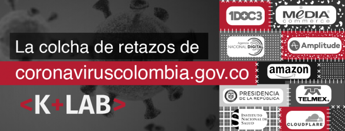 Pieza de fondo gris que lleva como título “La colcha de retazos de coronaviruscolombia.gov.co” la dirección web está sobre un banner rojo. Debajo del título se encuentra el logo del Laboratorio de seguridad digital de Karisma, K+Lab. Al lado derecho de la imagen se ven los logos de 1DOC3, Media Commerce, Agencia Nacional Digital, Amplitude, Amazon, Presidencia de la república, Telmex, INS y Cloudflare, todos en forma de retazos o pedazos de tela unidos.