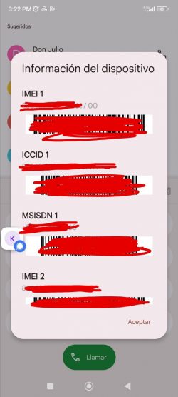 Captura de pantalla ventana emergente de teléfono celular con información de IMEI